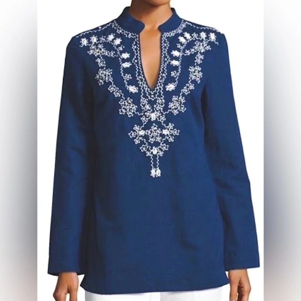 Tory Burch Embellished Silk Tunic Navy Caftan Top Size L